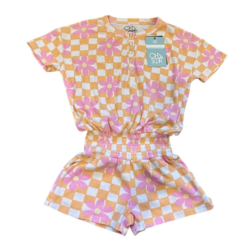 Chaser Kids Orange Checkered Pink Floral Smocked Romper Size 6 NWT